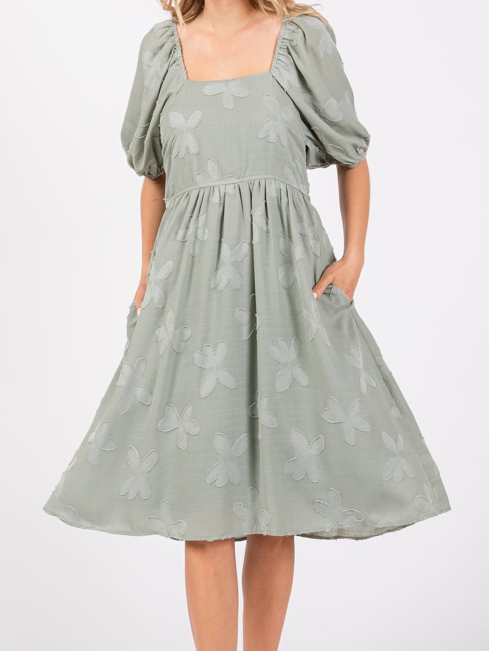 Baltic Born Small Avery Sage Textured Floral Puff Sleeve Short Dress NEW